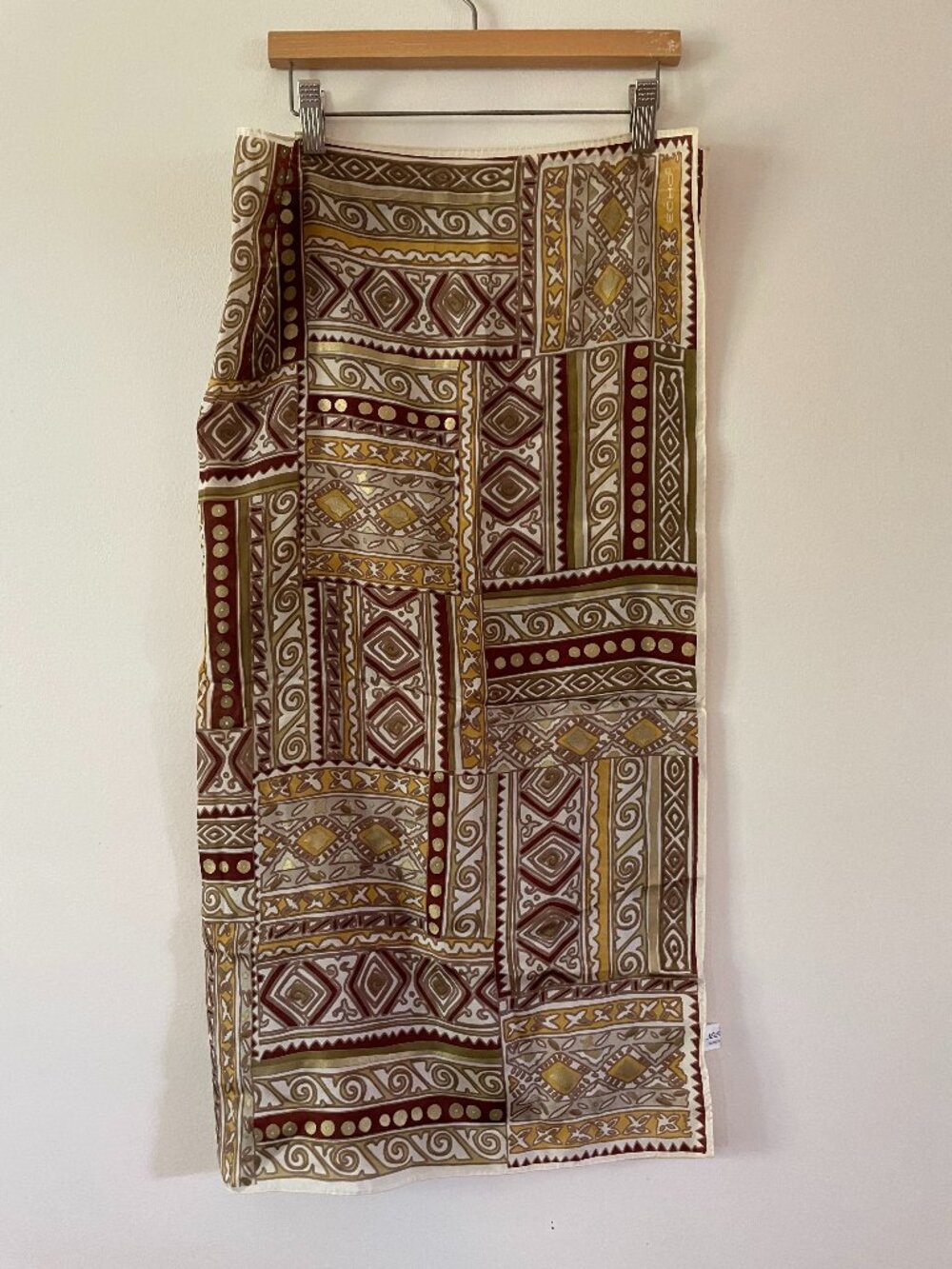 ECHO silk scarf square cream gold olive green brown tribal geometric print